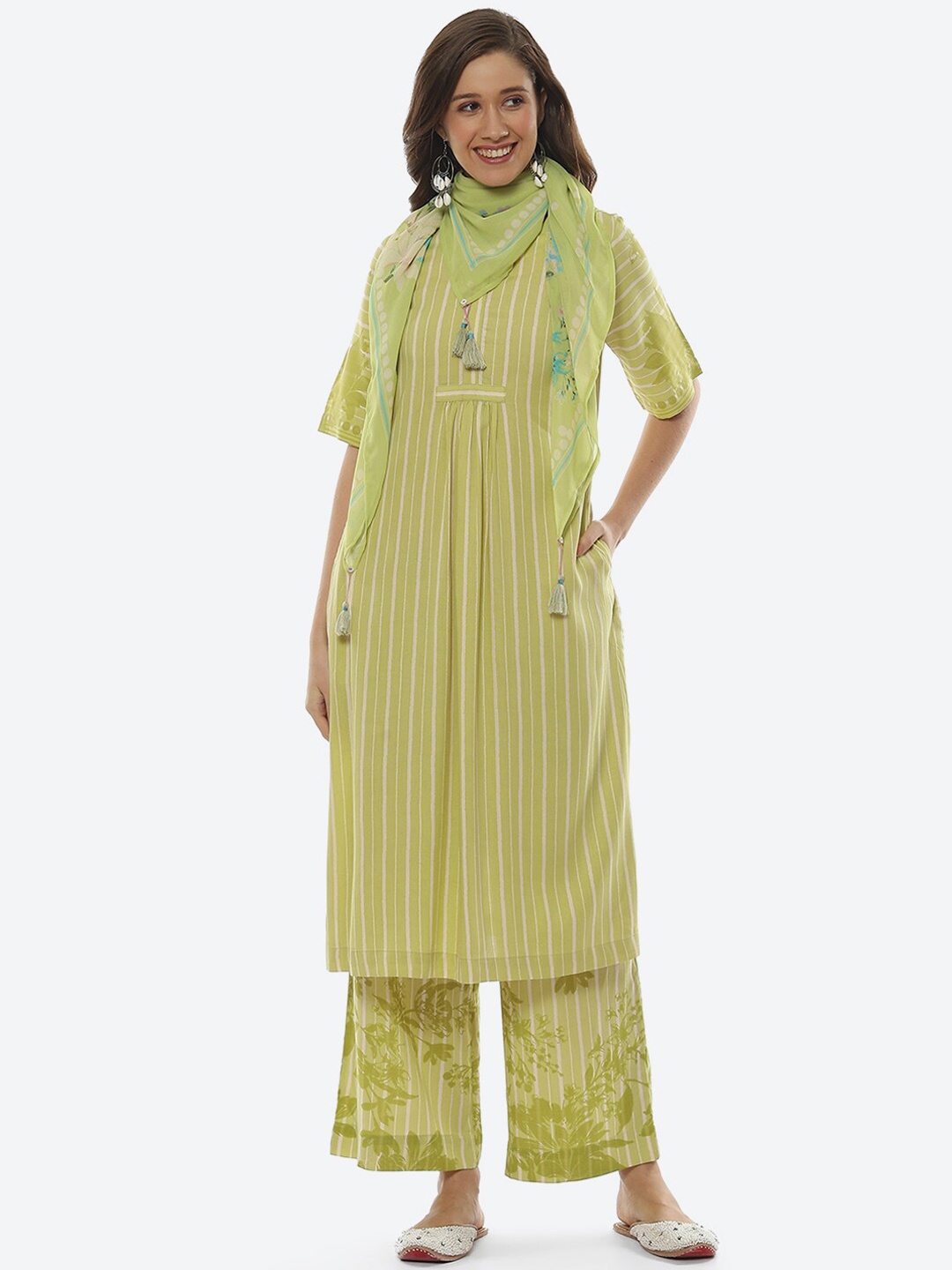 

Biba Women Striped Pleated Kurta with Palazzos & Dupatta, Green