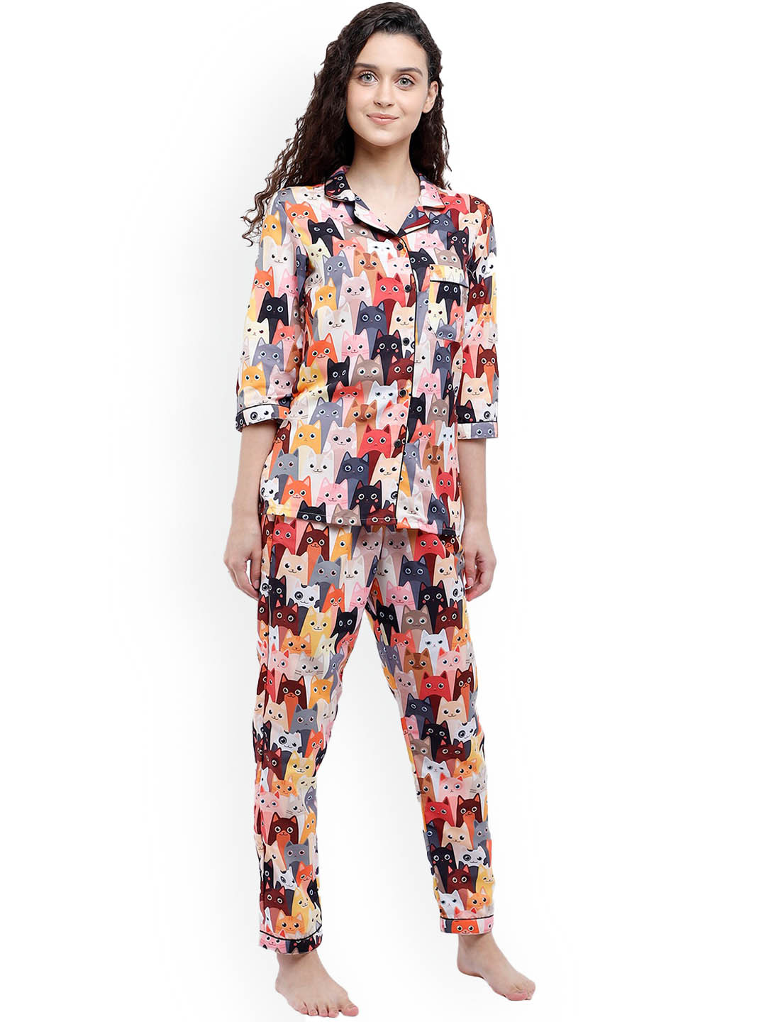 

Bellofox Women 2 Pieces Graphic Printed Night Suit, Beige