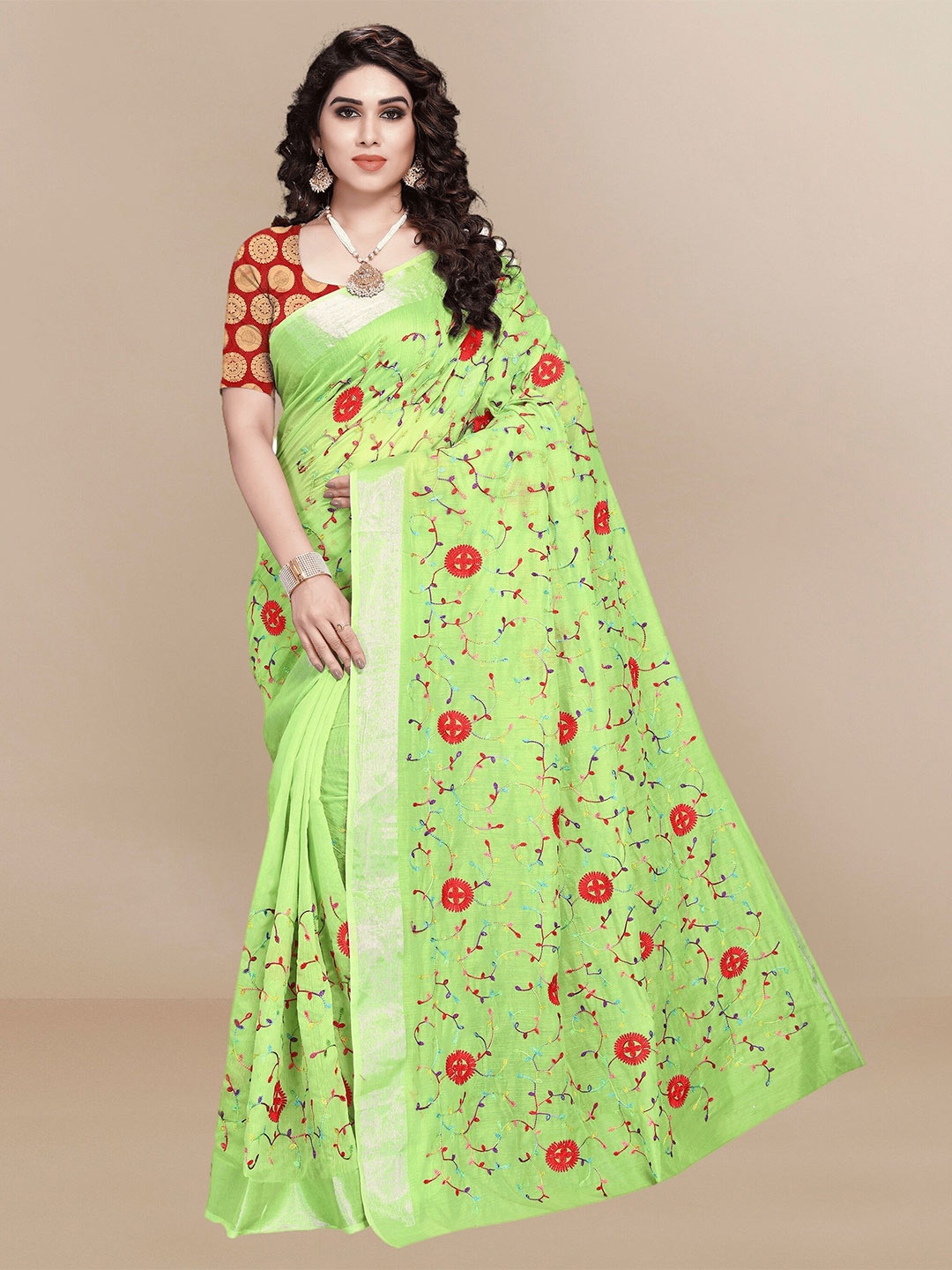 

Sidhidata Floral Embroidered Chanderi Saree, Lime green