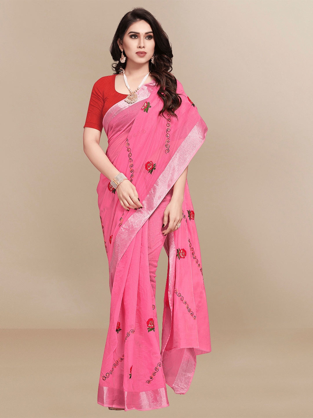 

Sidhidata Floral Embroidered Chanderi Saree, Pink