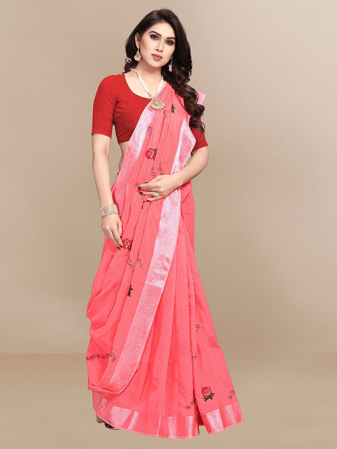 

Sidhidata Floral Embroidered Zari Chanderi Saree, Peach