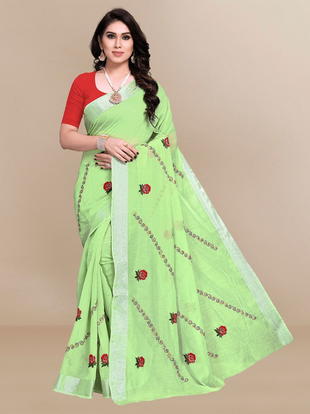 

Sidhidata Floral Embroidered Zari Chanderi Saree, Lime green