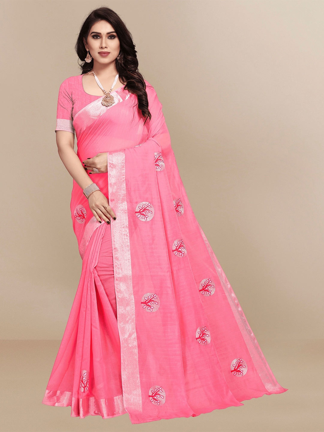 

Sidhidata Floral Embroidered Zari Chanderi Saree, Pink