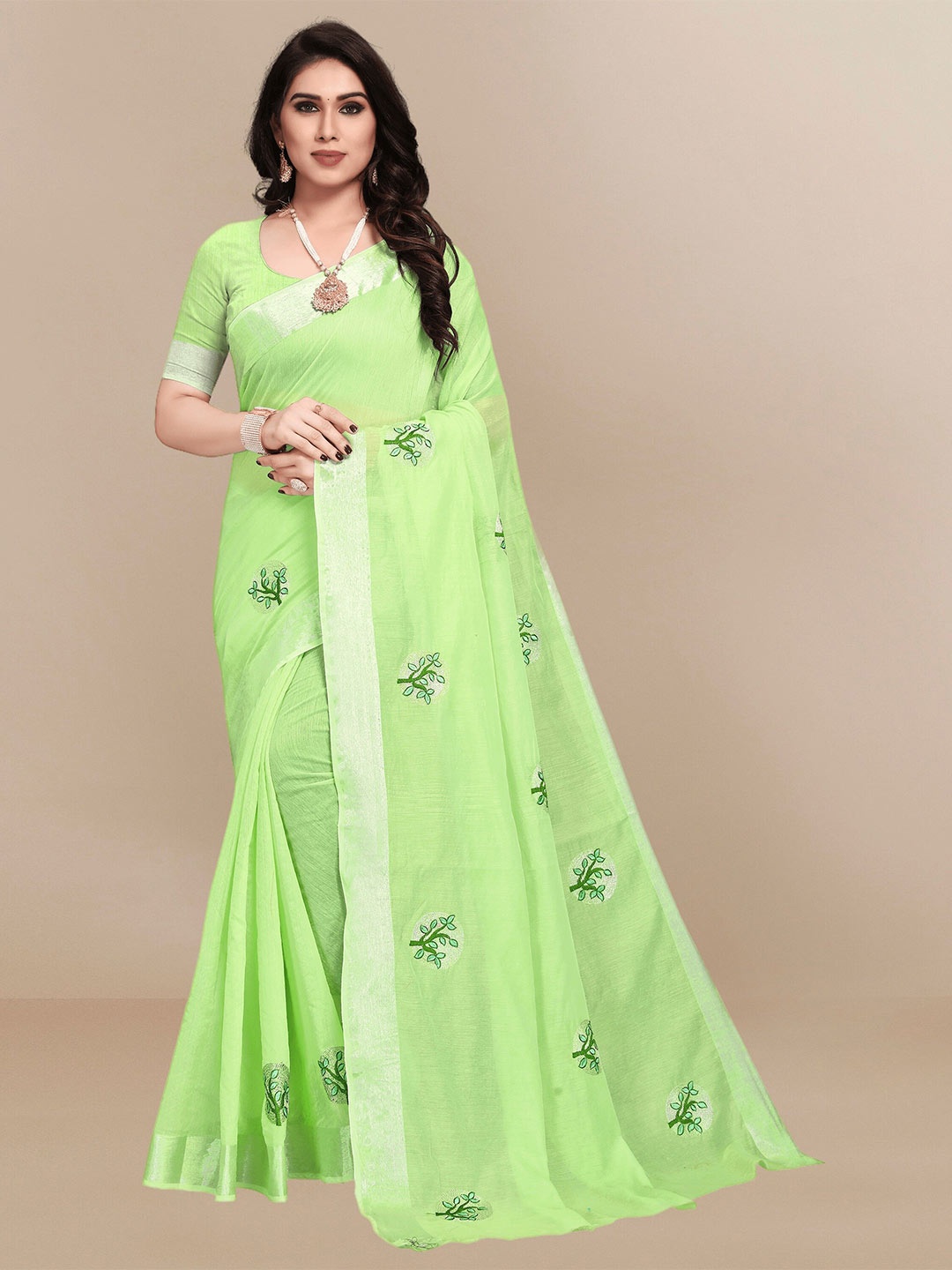 

Sidhidata Floral Embroidered Zari Chanderi Saree, Lime green