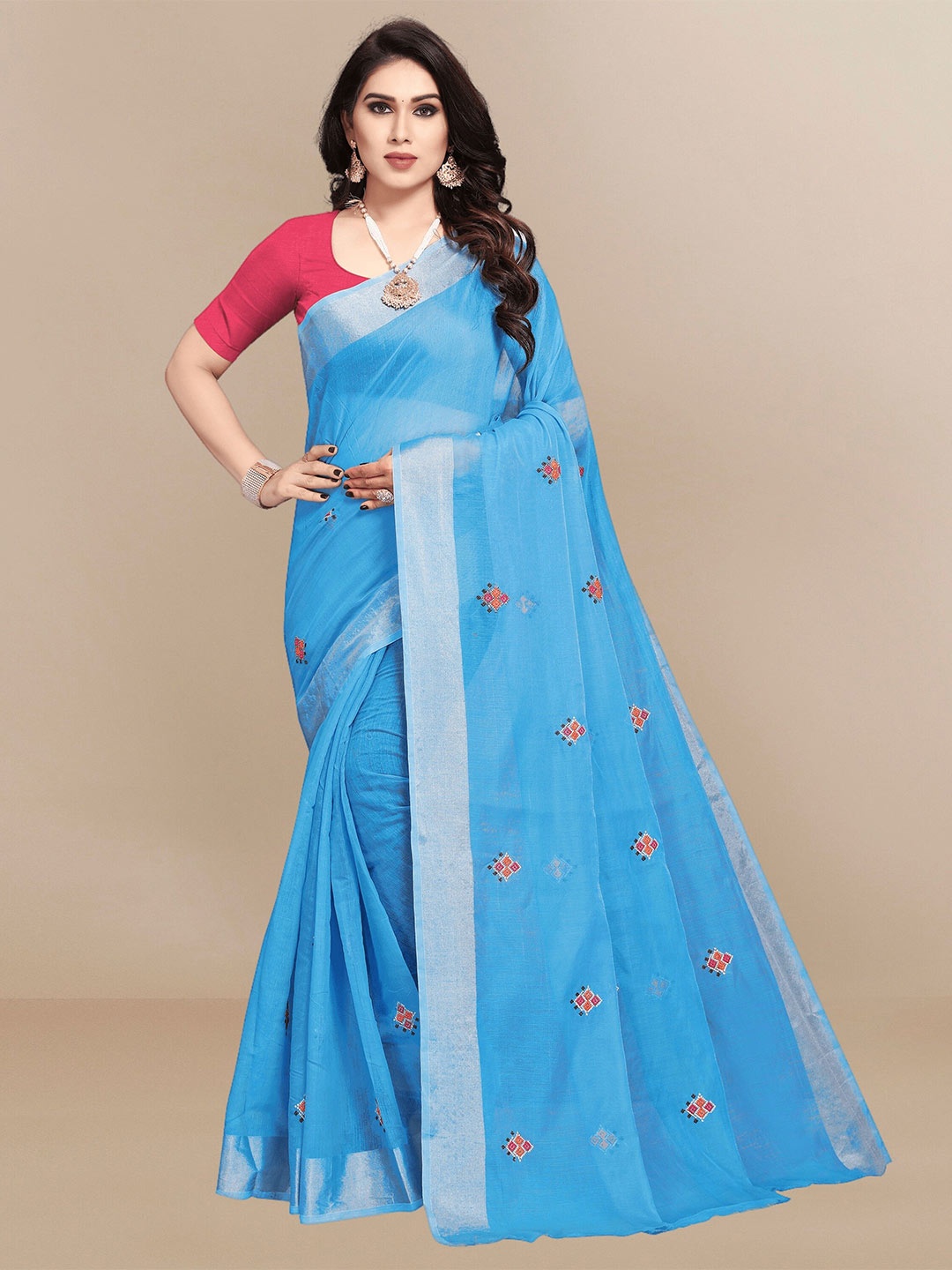 

Sidhidata Floral Embroidered Zari Chanderi Saree, Turquoise blue
