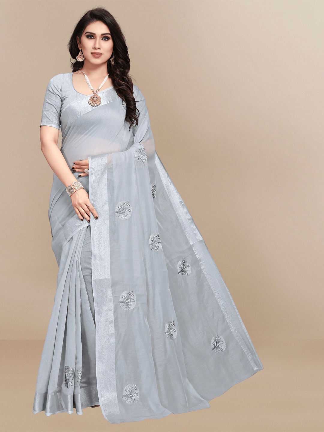 

Sidhidata Ethnic Motifs Embroidered Zari Chanderi Saree, Grey