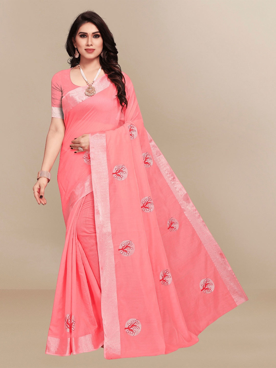 

Sidhidata Floral Embroidered Zari Chanderi Saree, Peach