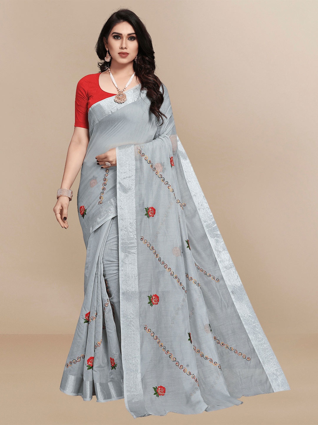 

Sidhidata Floral Zari Chanderi Saree, Grey