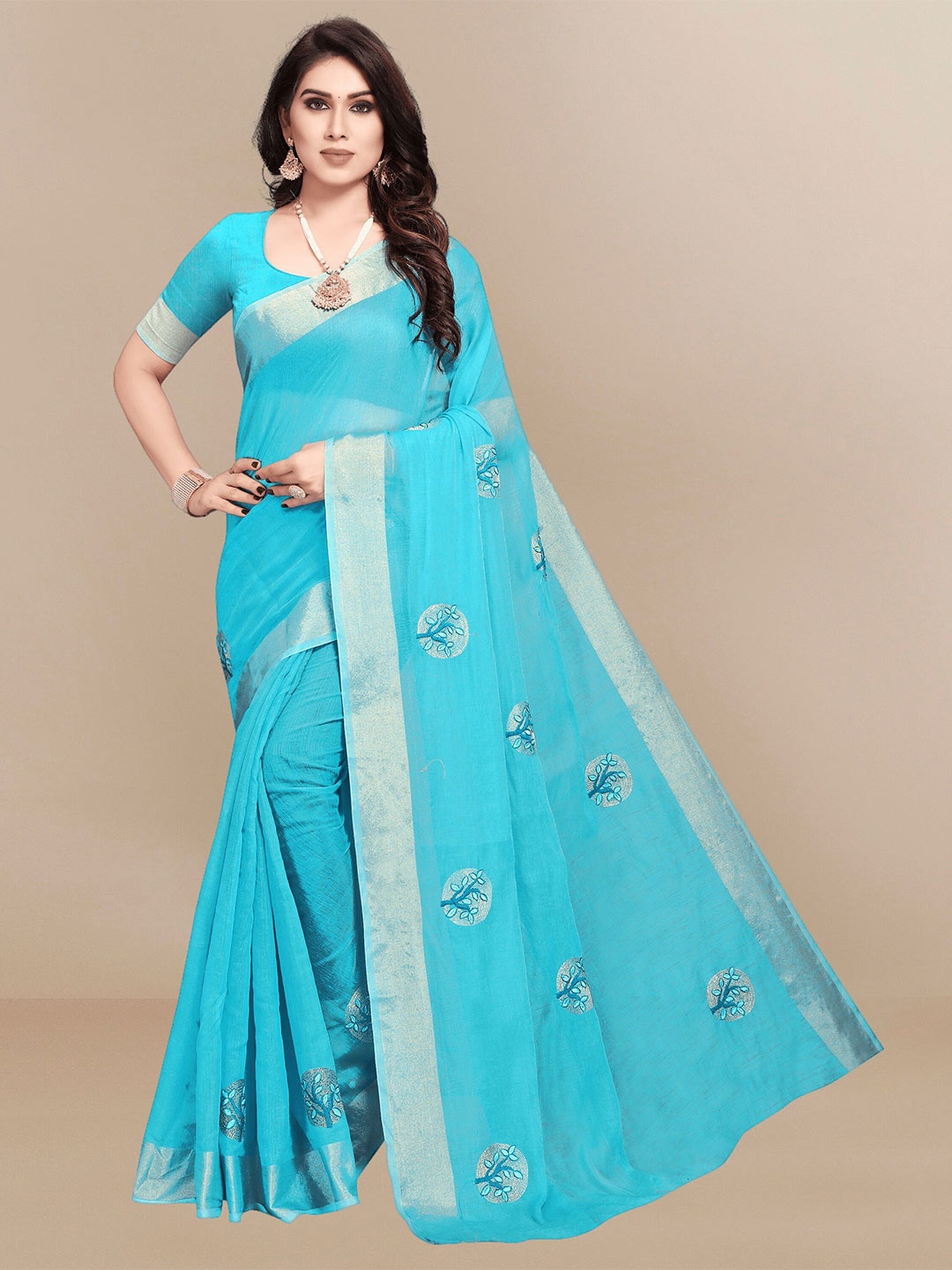

Sidhidata Floral Embroidered Chanderi Saree, Turquoise blue