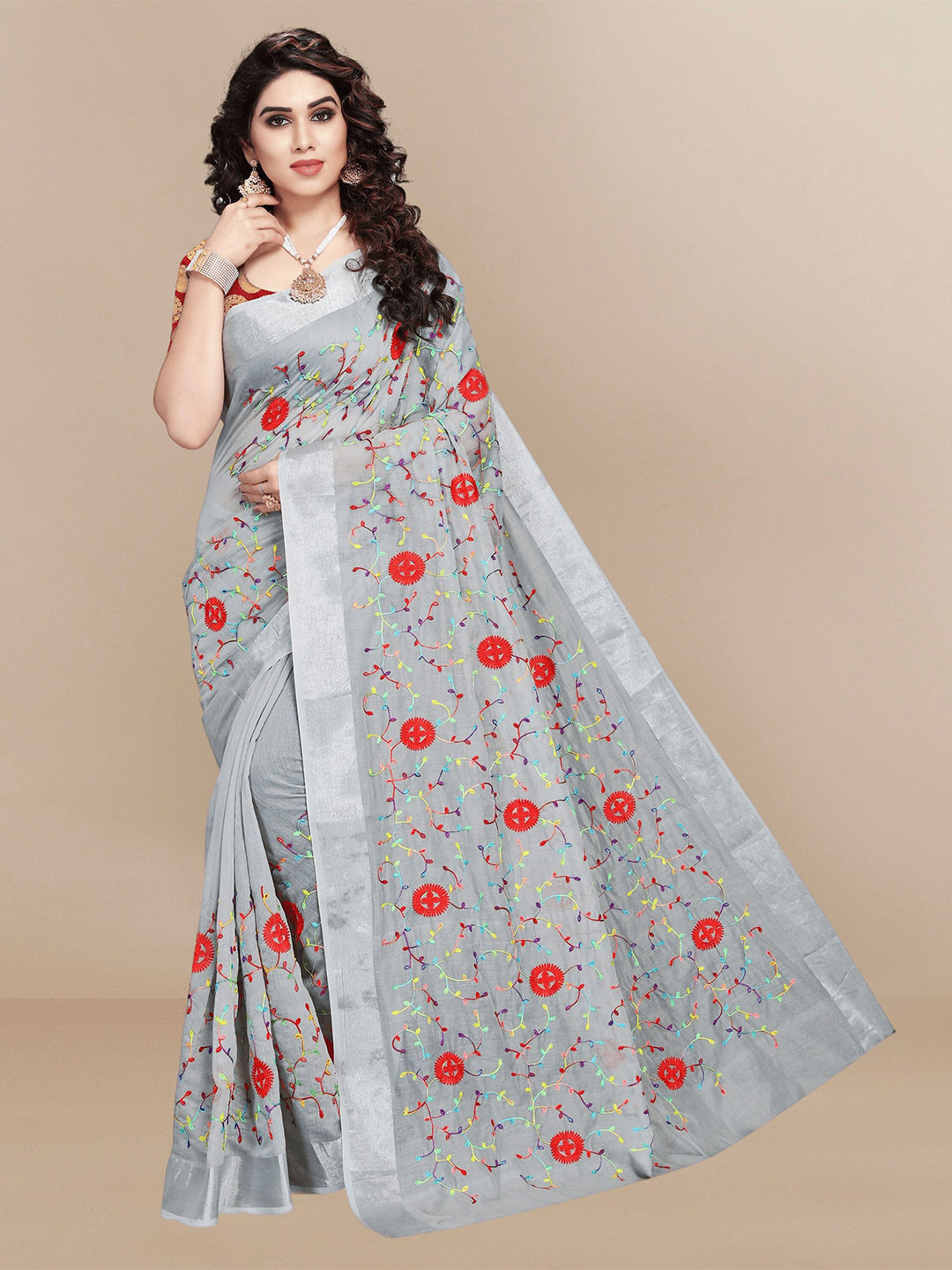

Sidhidata Floral Embroidered Chanderi Saree, Grey