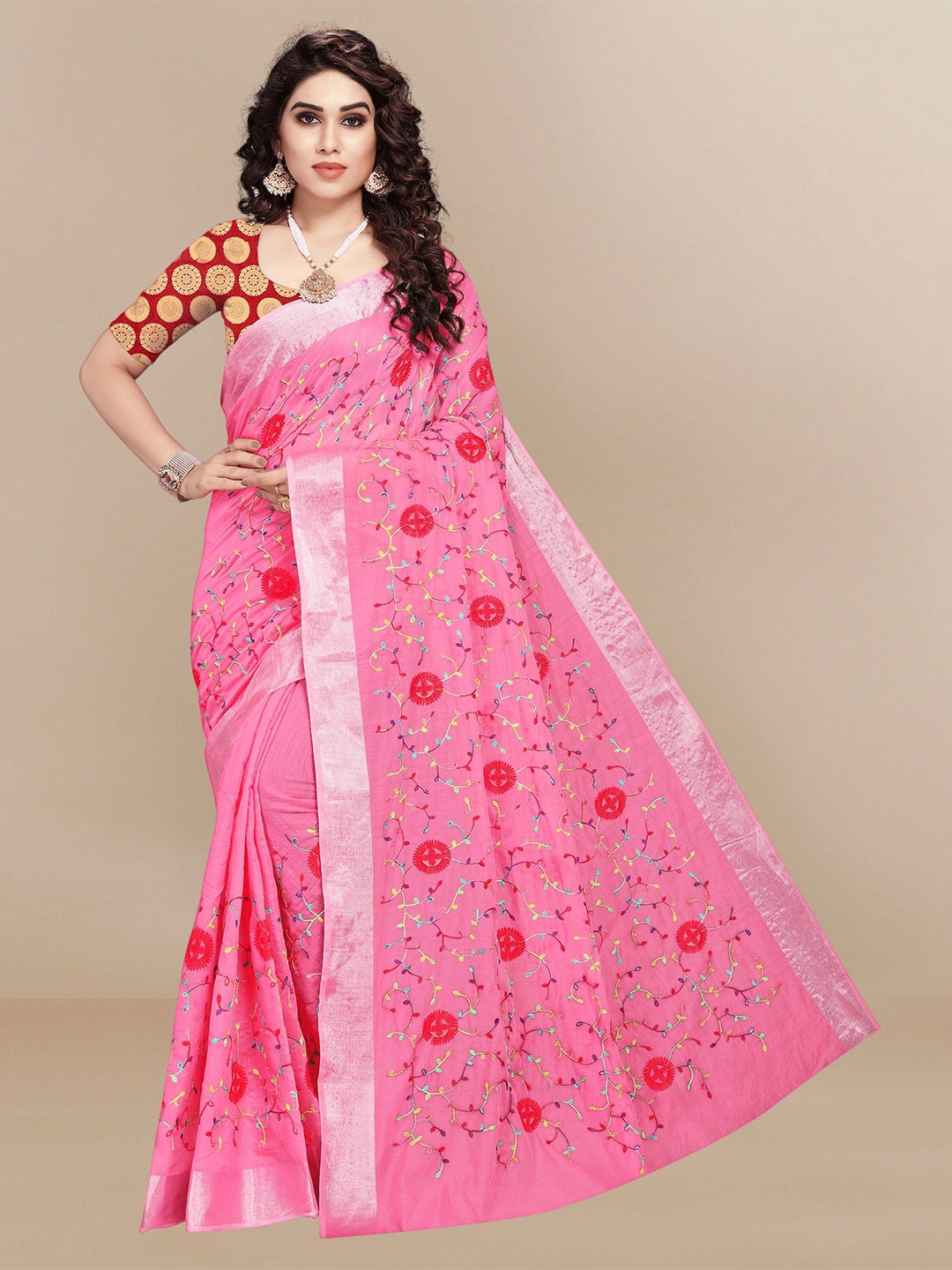 

Sidhidata Floral Zari Chanderi Saree, Pink