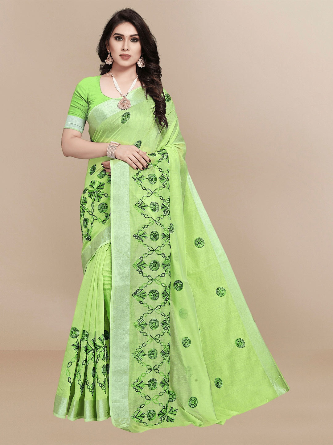 

Sidhidata Floral Embroidered Chanderi Saree, Lime green