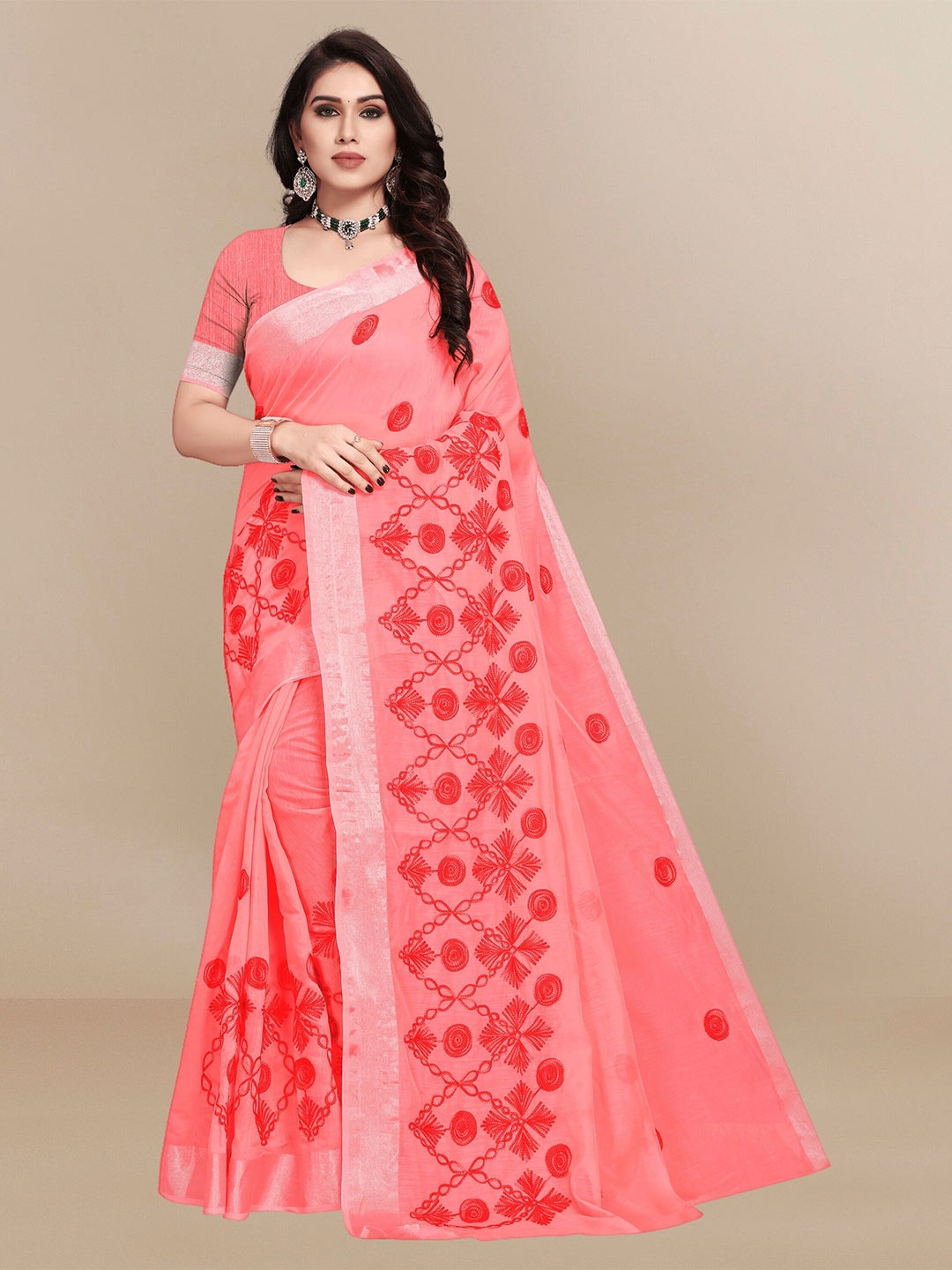 

Sidhidata Floral Zari Chanderi Saree, Peach