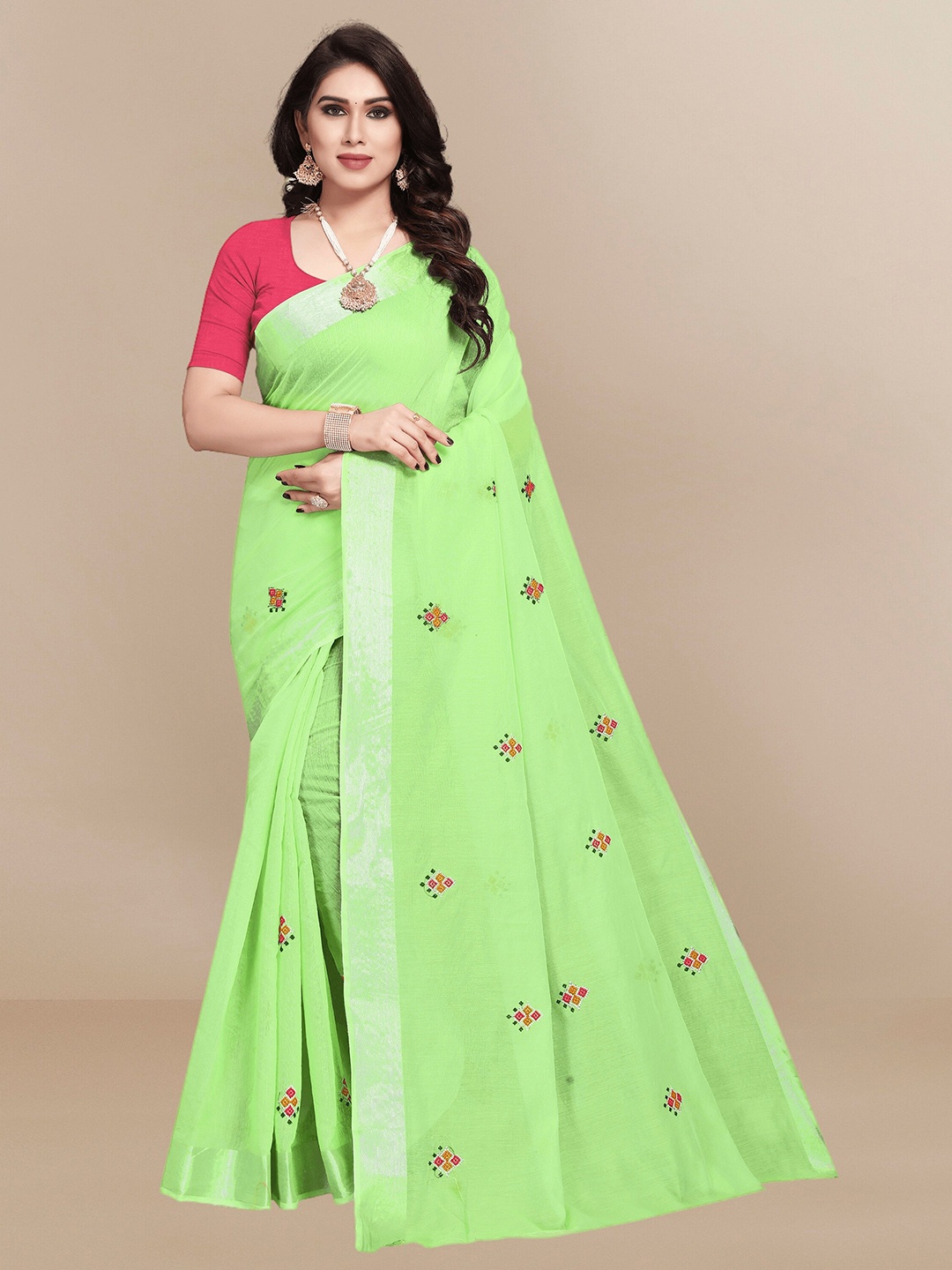 

Sidhidata Lime Ethnic Motifs Embroidered Chanderi Saree, Lime green