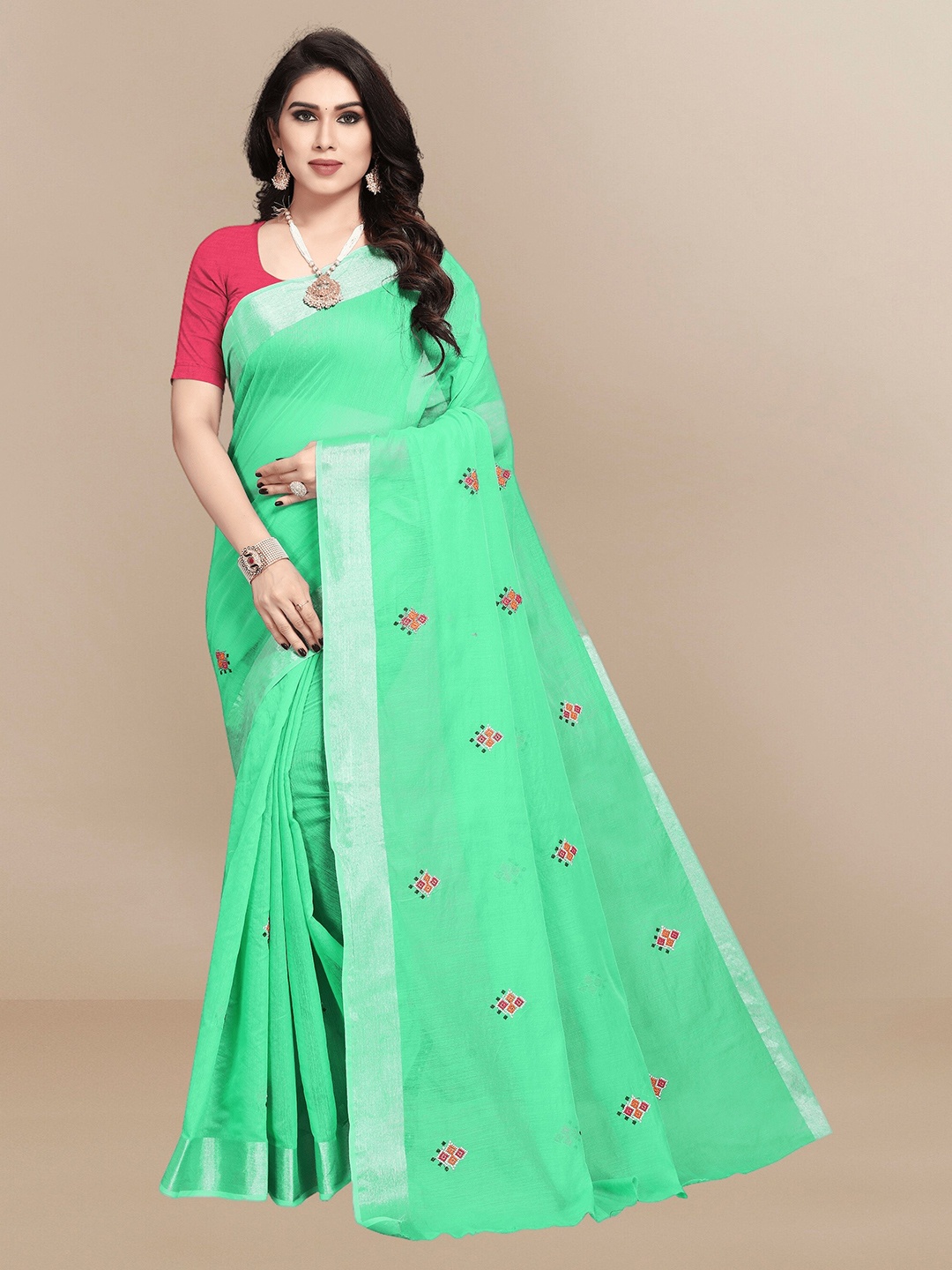 

Sidhidata Ethnic Motifs Zari Chanderi Saree, Sea green