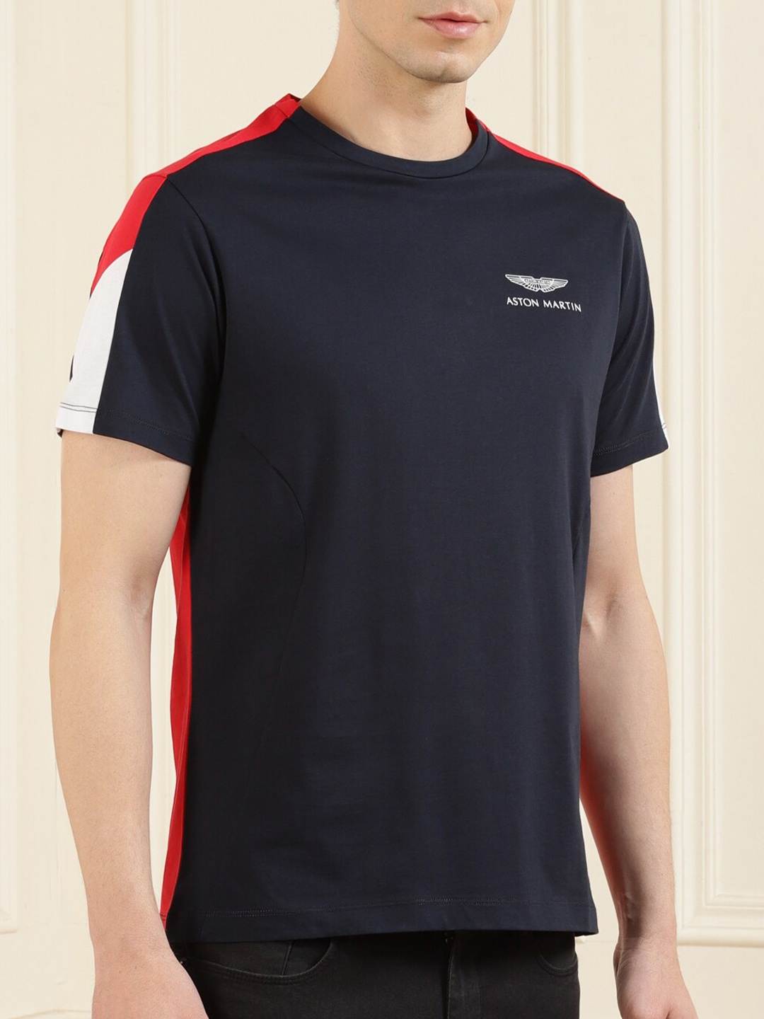 

HACKETT LONDON Men Colourblocked Cotton T-shirt, Navy blue