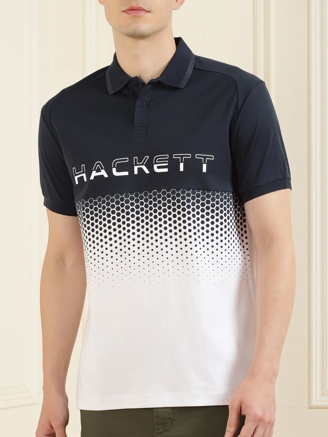 

HACKETT LONDON Men Colourblocked Cotton Polo Collar T-shirt, Navy blue