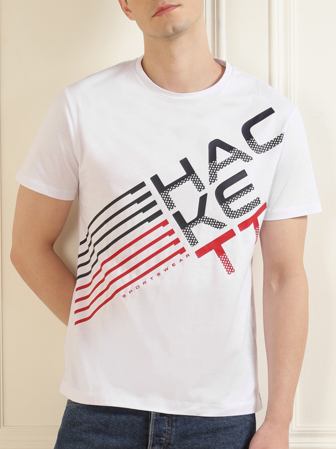 

HACKETT LONDON Men Printed Round Neck Cotton T-shirt, White