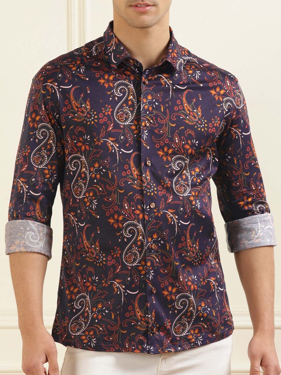 

Eton Men Ethnic Motifs Printed Cotton Casual Shirt, Navy blue