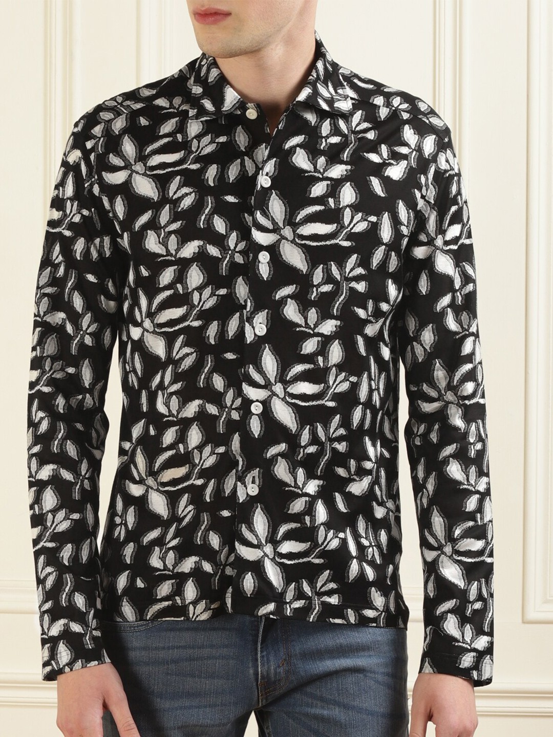 

Eton Men Floral Printed Jacquard Cotton Casual Shirt, Black