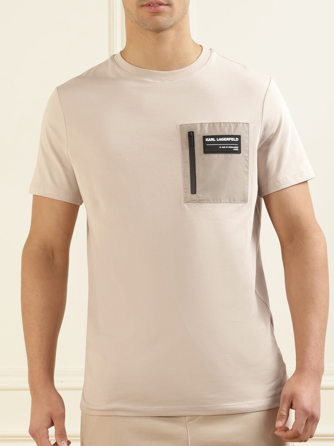 

Karl Lagerfeld Men Round Neck Regular Fit Cotton T-shirt, Beige