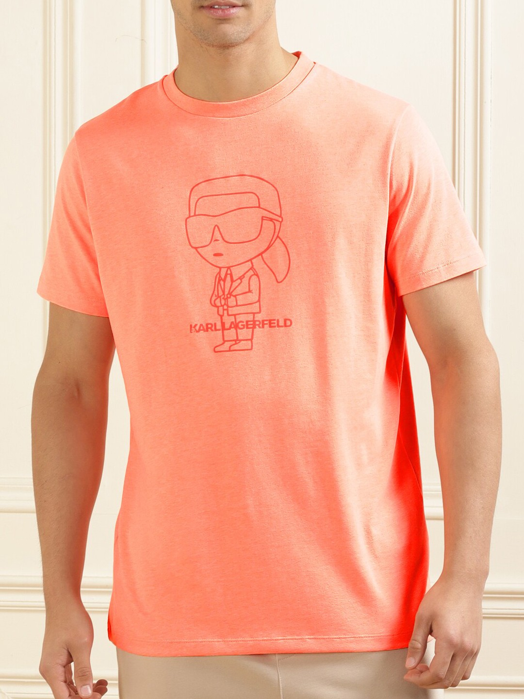 

Karl Lagerfeld Men Graphic Printed Cotton T-shirt, Peach