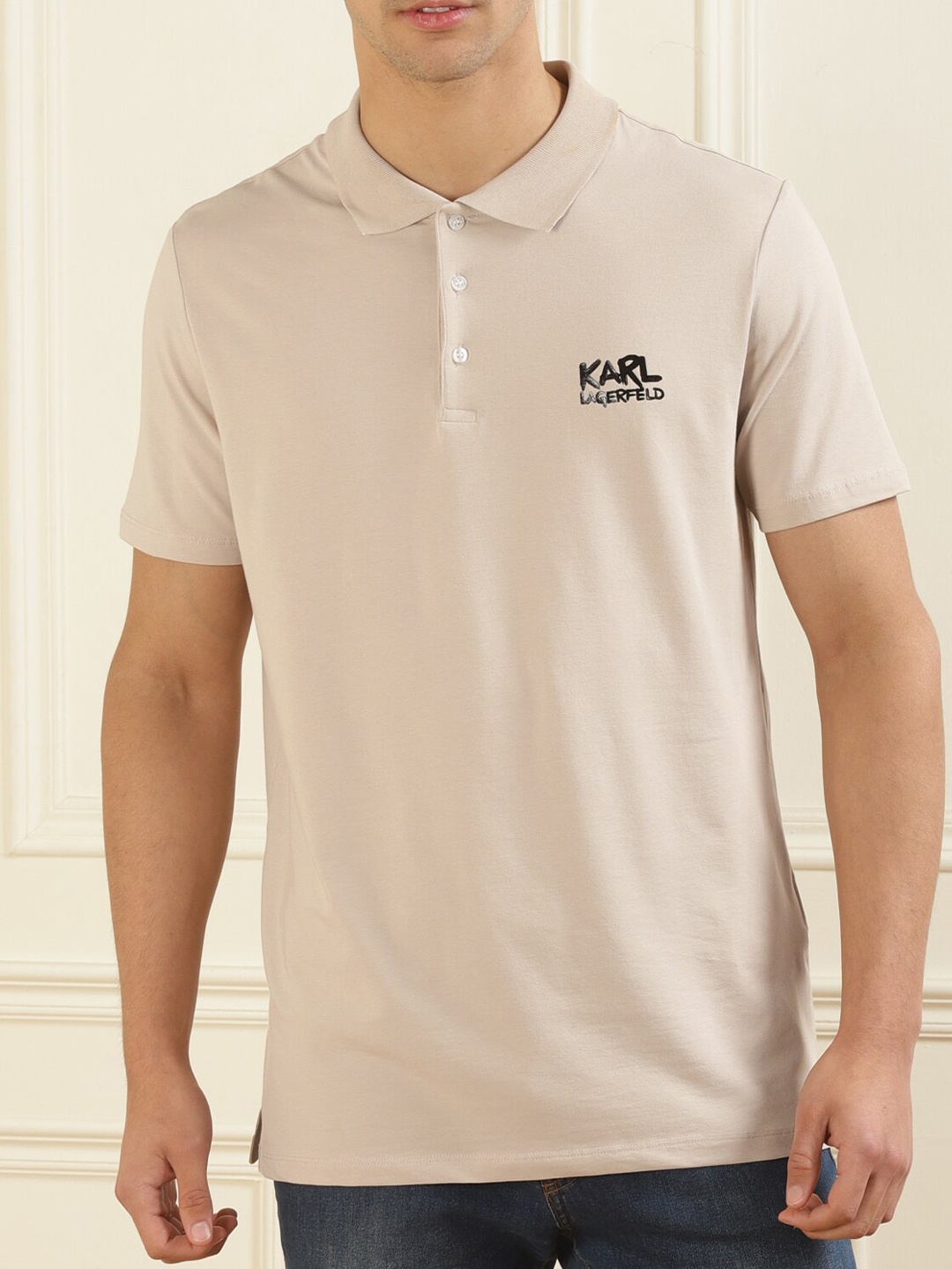 

Karl Lagerfeld Men Polo Collar Cotton T-shirt, Beige