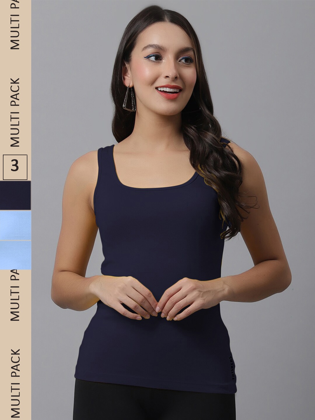 

Friskers Pack Of 3 Scoop Neck Cotton Tank Top, Navy blue