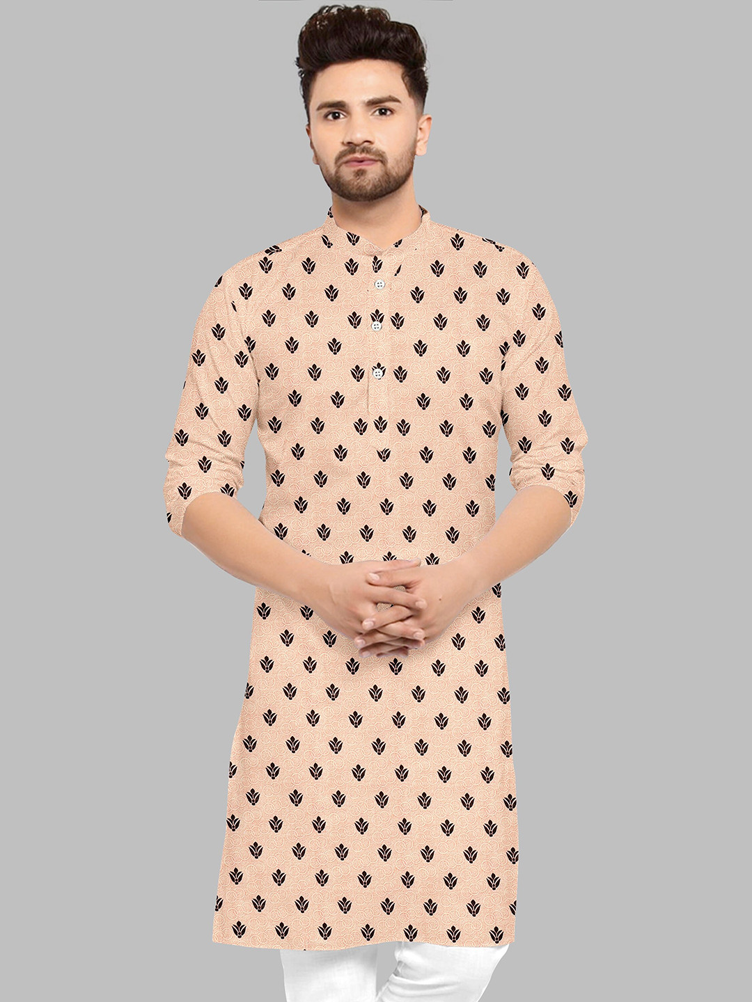 

Fashion FRICKS Men Peach-Coloured & Black Floral Printed Kurta