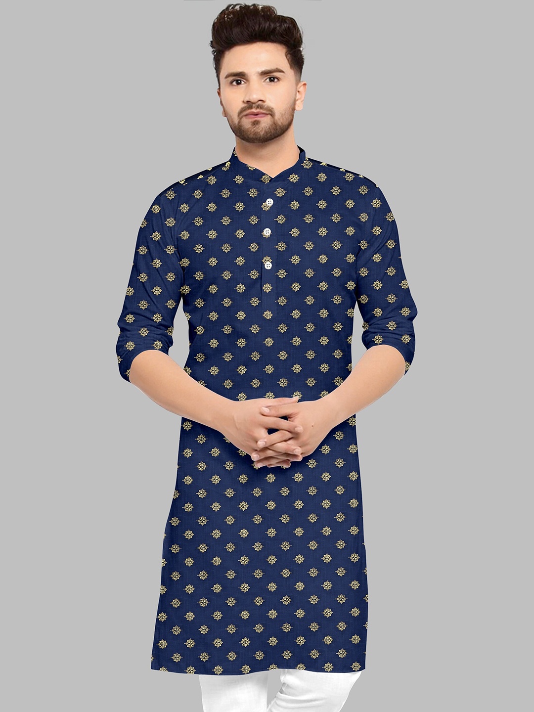 

Fashion FRICKS Men Ethnic Motifs Printed Cotton Kurta, Navy blue