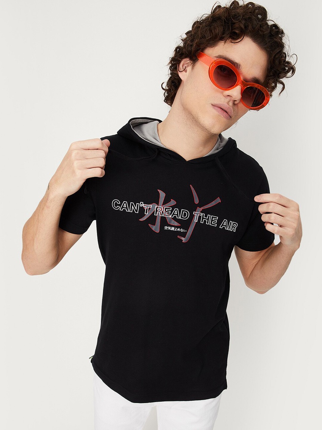

max Men Typography Printed Hooded Pure Cotton T-shirt, Black