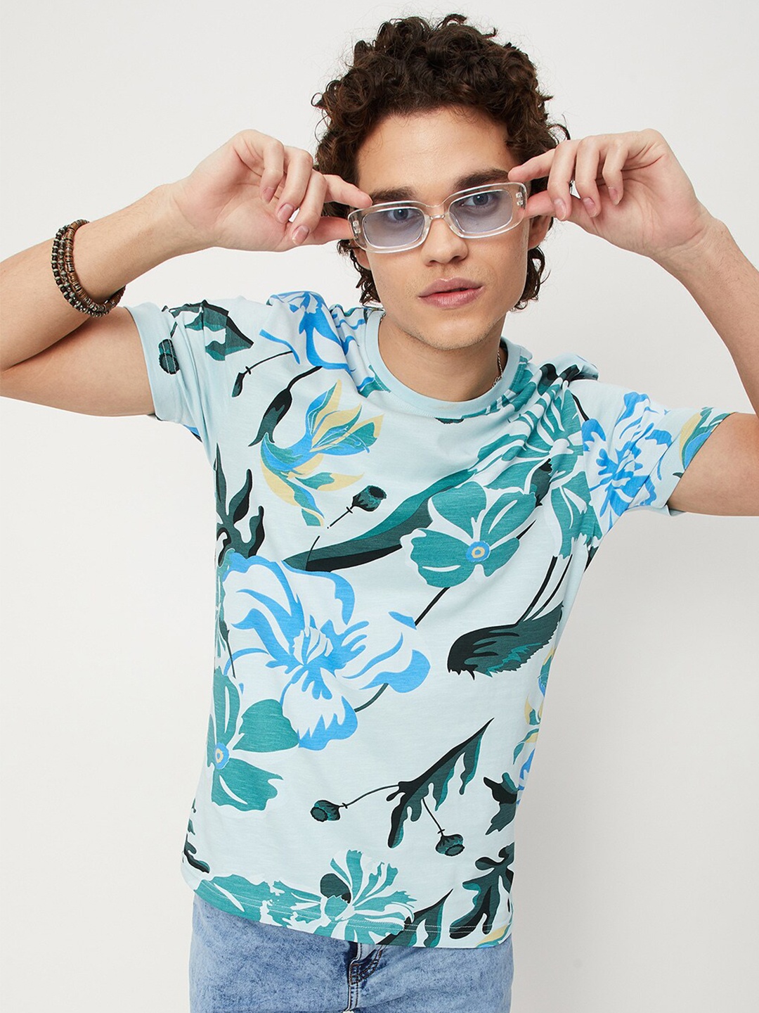 

max Men Floral Printed Cotton T-shirt, Blue