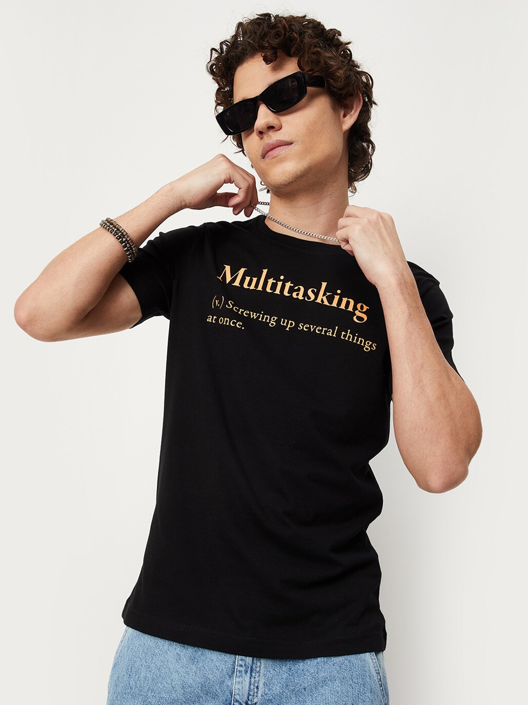 max Men Typography Printed Pure Cotton T-shirt, Black