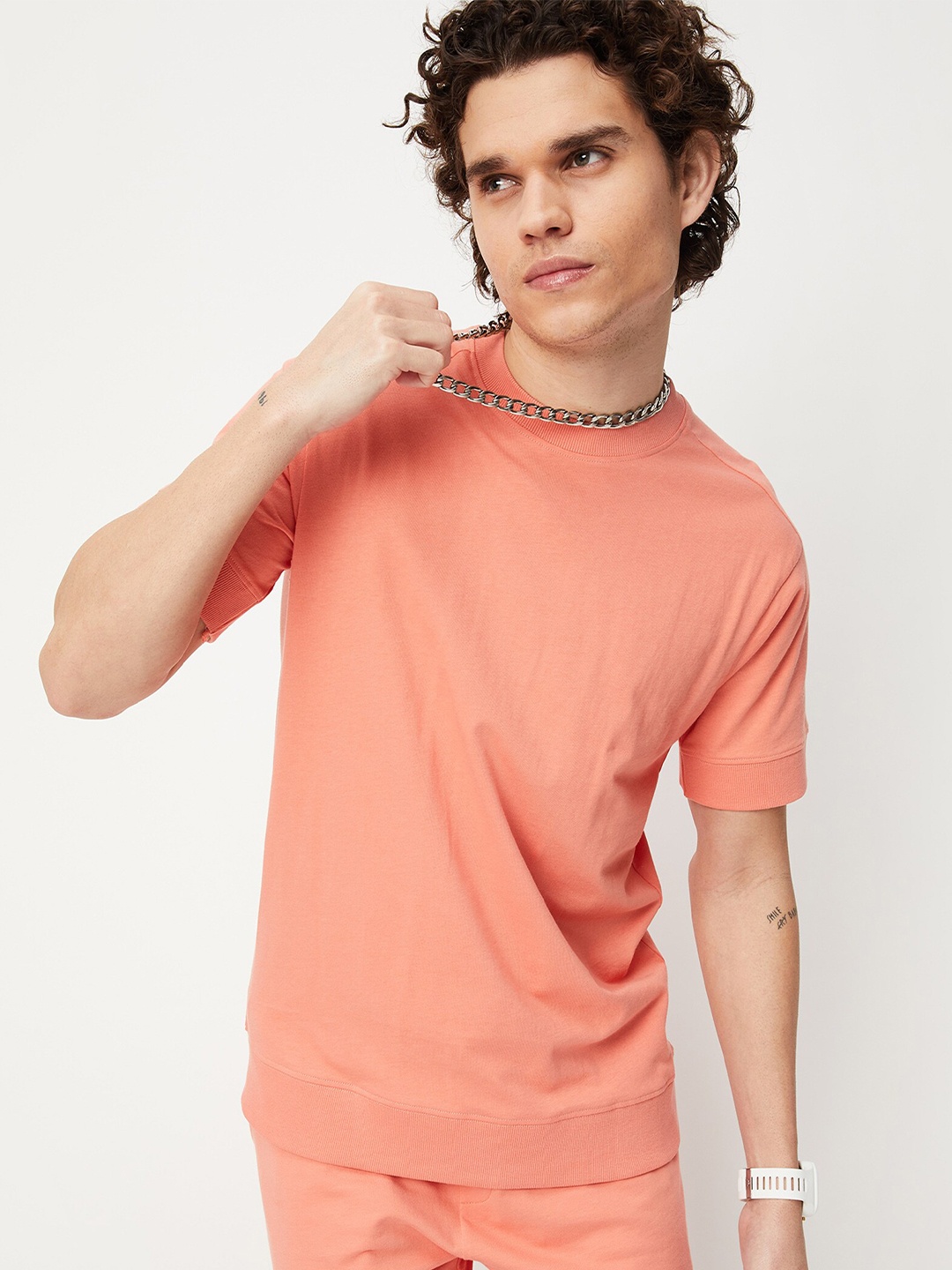 

max Men High Neck Pure Cotton T-shirt, Pink