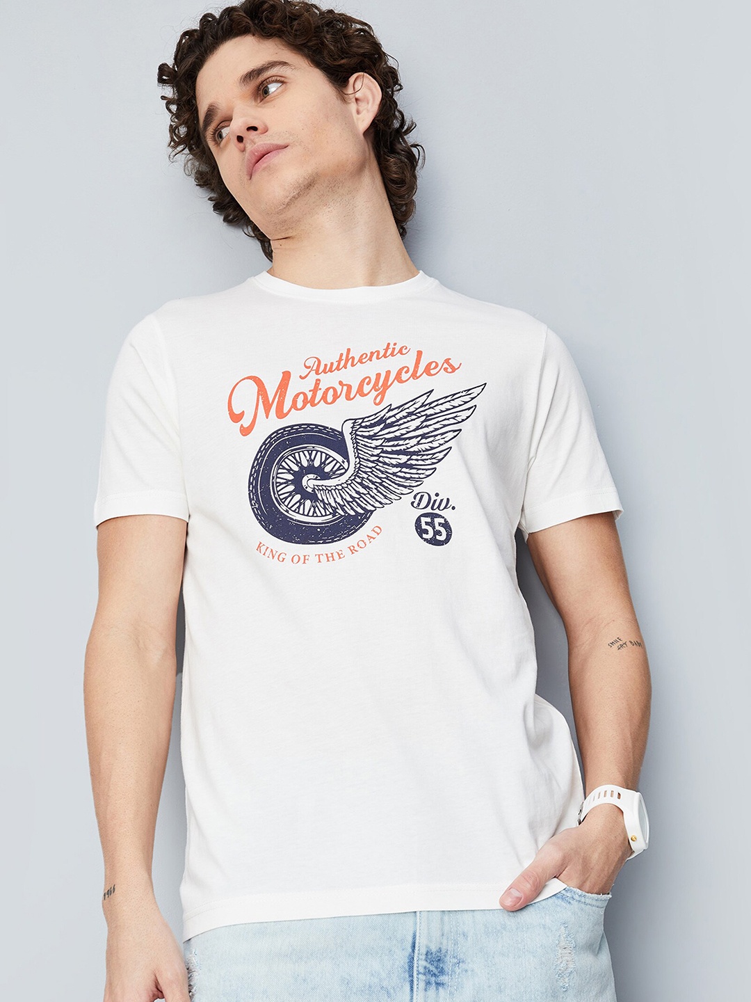 

max Men Round Neck Biker Printed Pure Cotton T-shirt, Off white