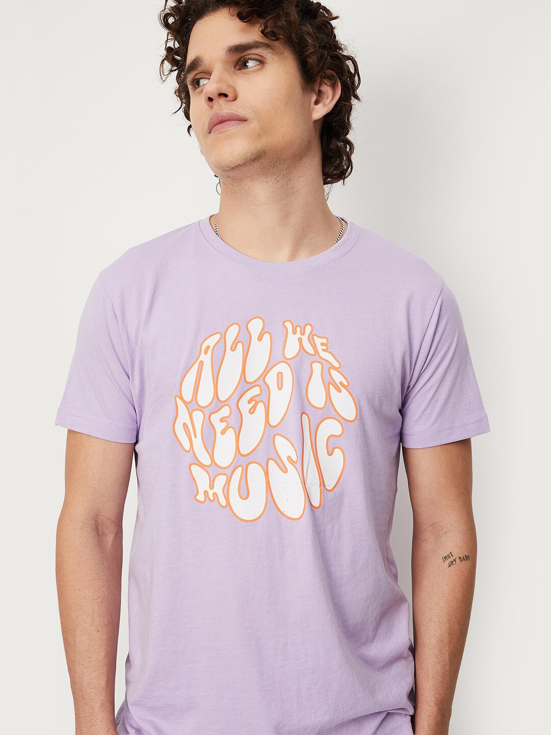 

max Men Typography Printed Pure Cotton T-shirt, Purple