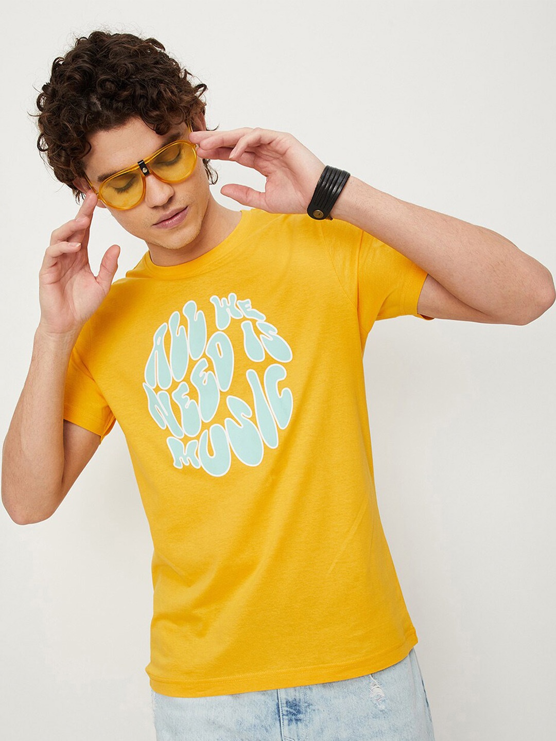 

max Men Typography Printed Cotton T-shirt, Yellow