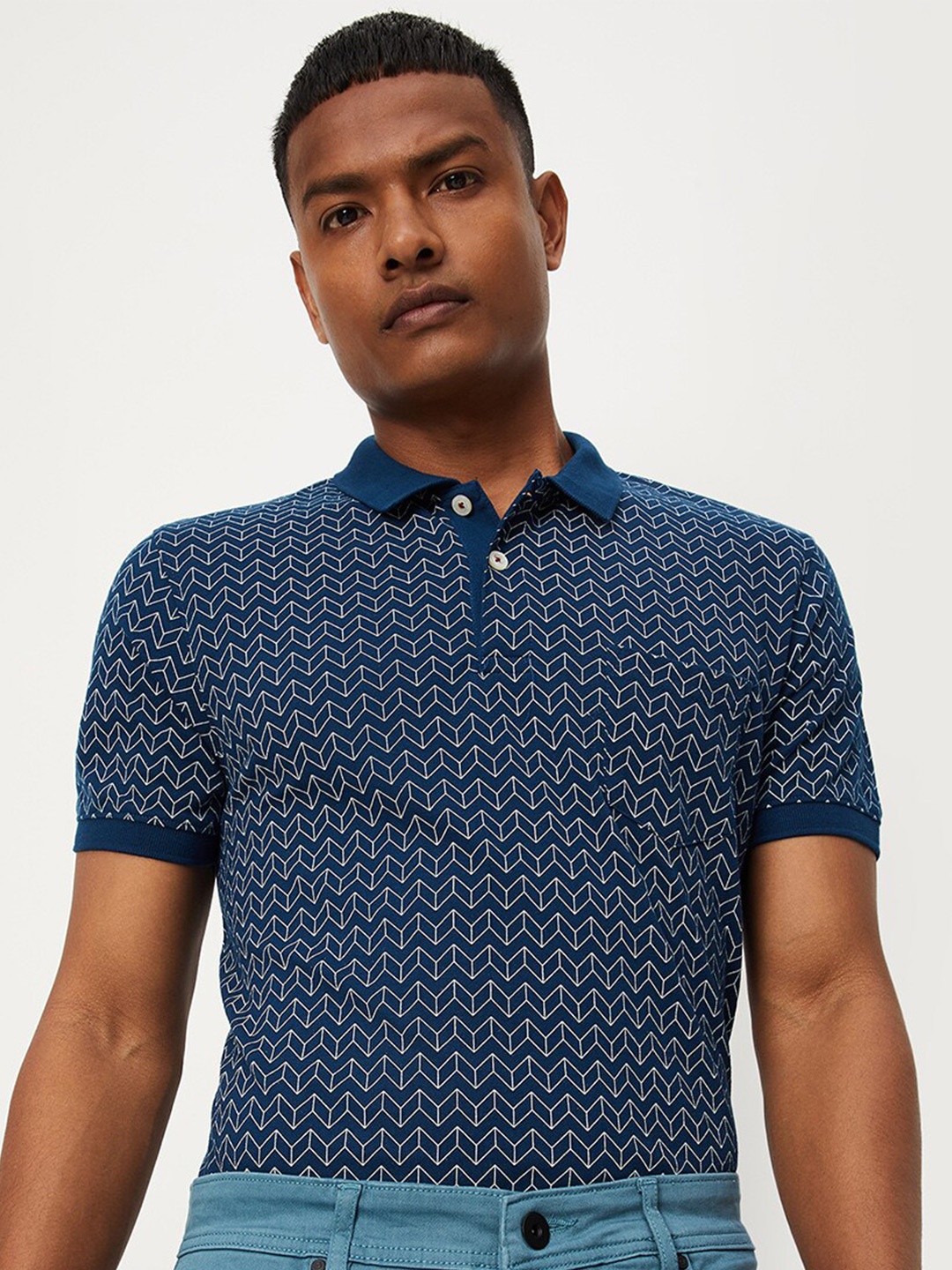 

max Men Printed Cotton Polo Collar T-shirt, Navy blue