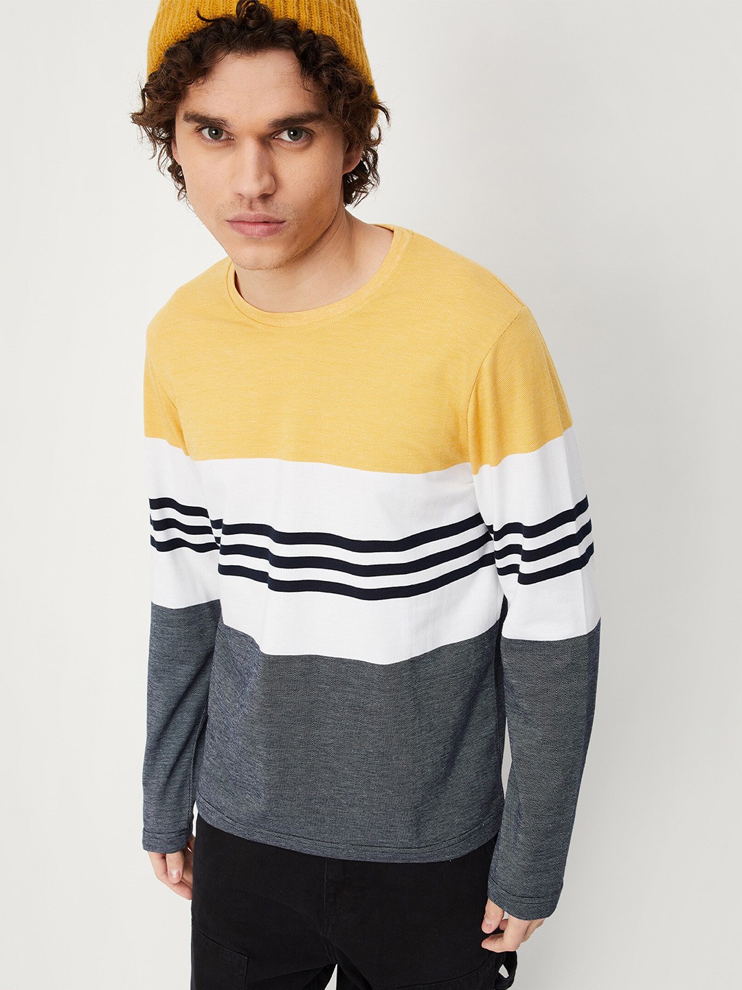 

max Men Striped Cotton T-shirt, Yellow