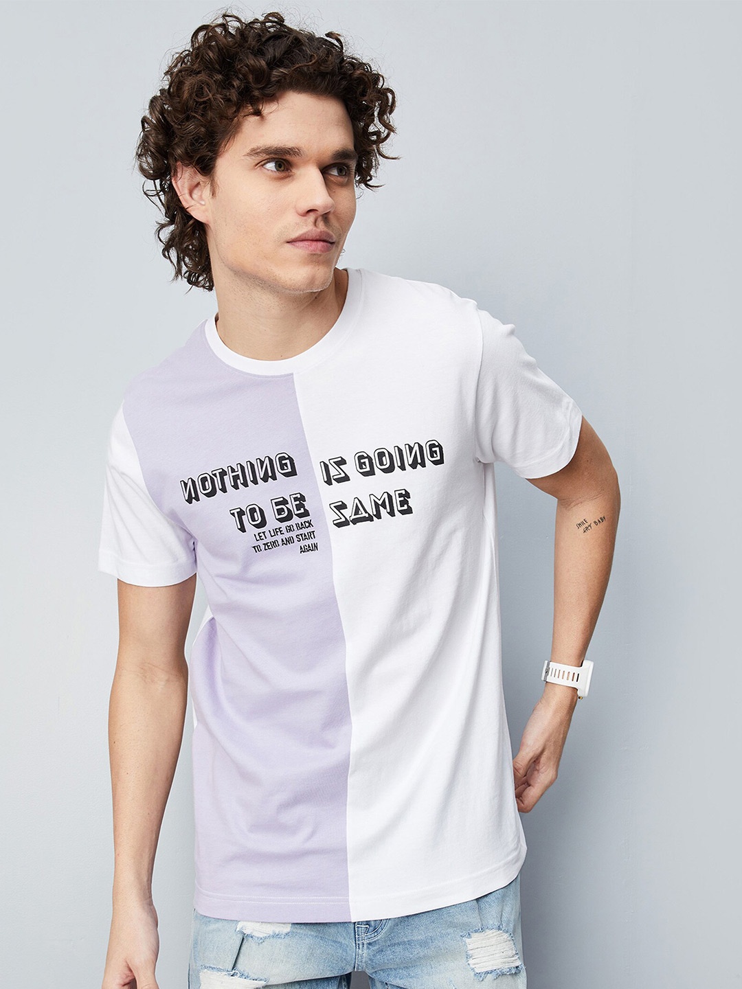 

max Men Typography Printed Cotton T-shirt, Lavender