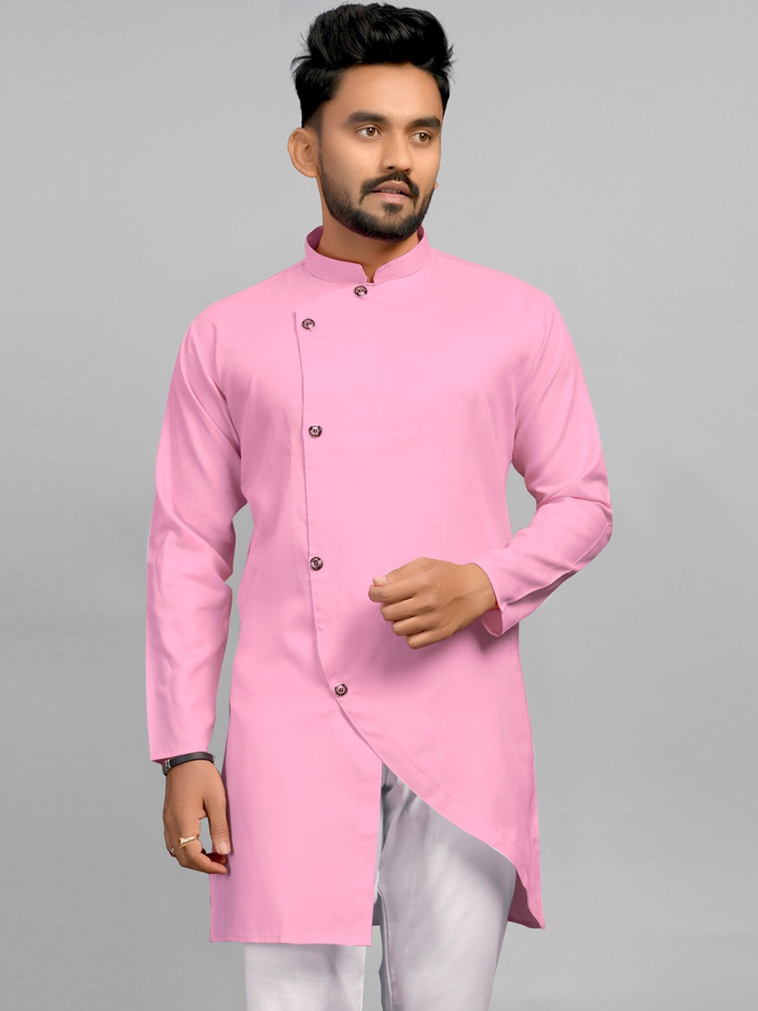 

Fashion FRICKS Men Mandarin Neck Cotton Kurta, Pink