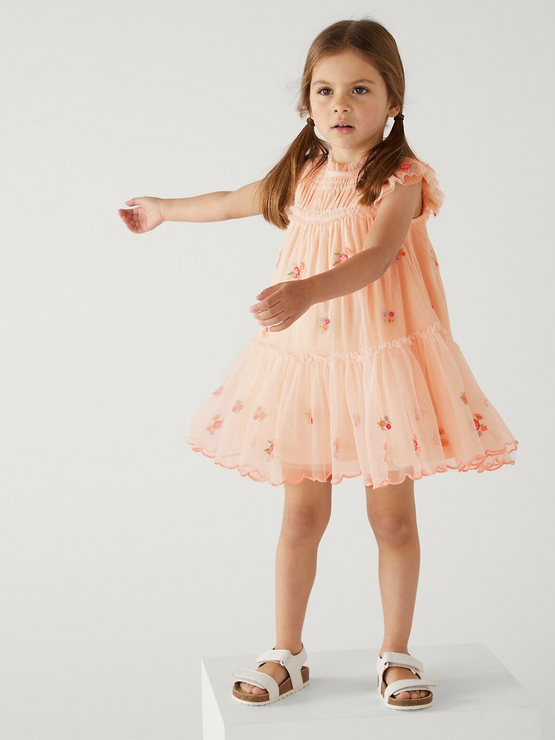 

Marks & Spencer Girls Floral Embroidered Drop-Waist Dress, Coral