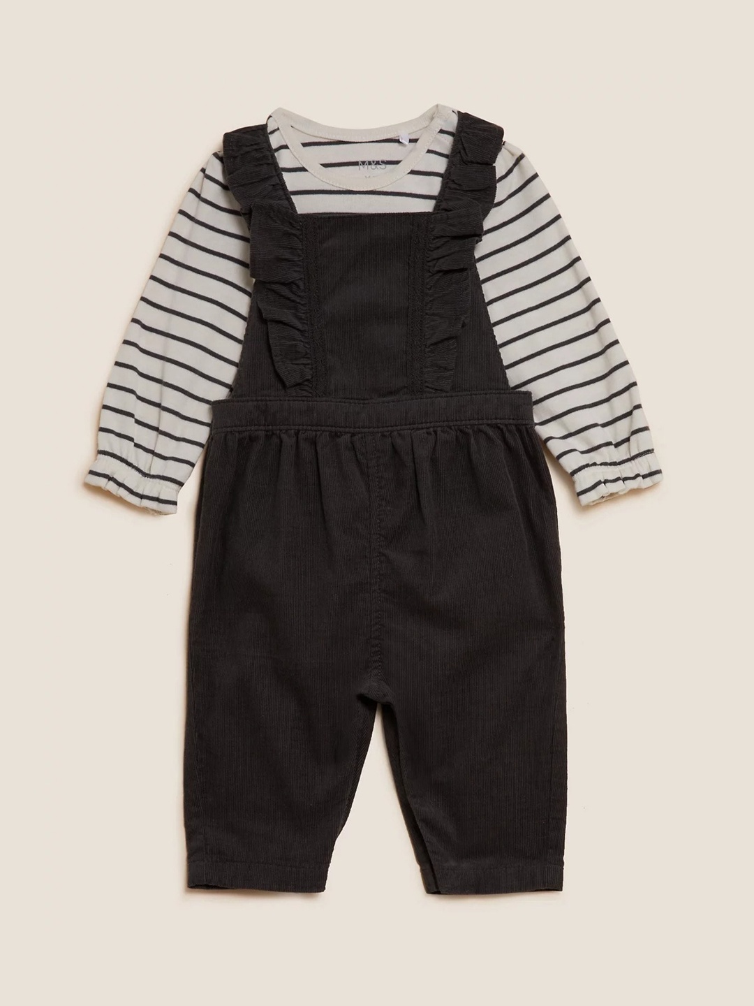 

Marks & Spencer Girls Striped Pure Cotton Dungaree with Bodysuit, Grey