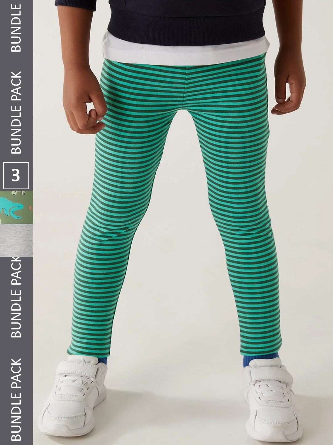 

Marks & Spencer Boys Pack Of 3 Striped Ankle-Length Leggings, Green