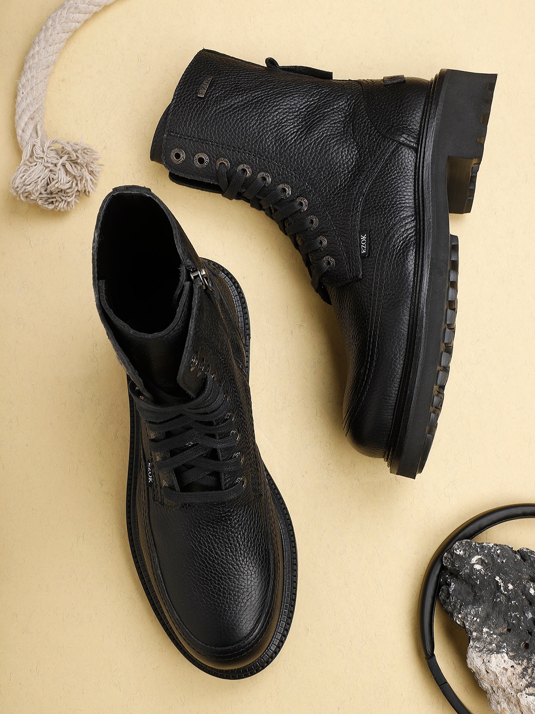 

EZOK Men Mid-Top Textured Leather Biker Boots, Black