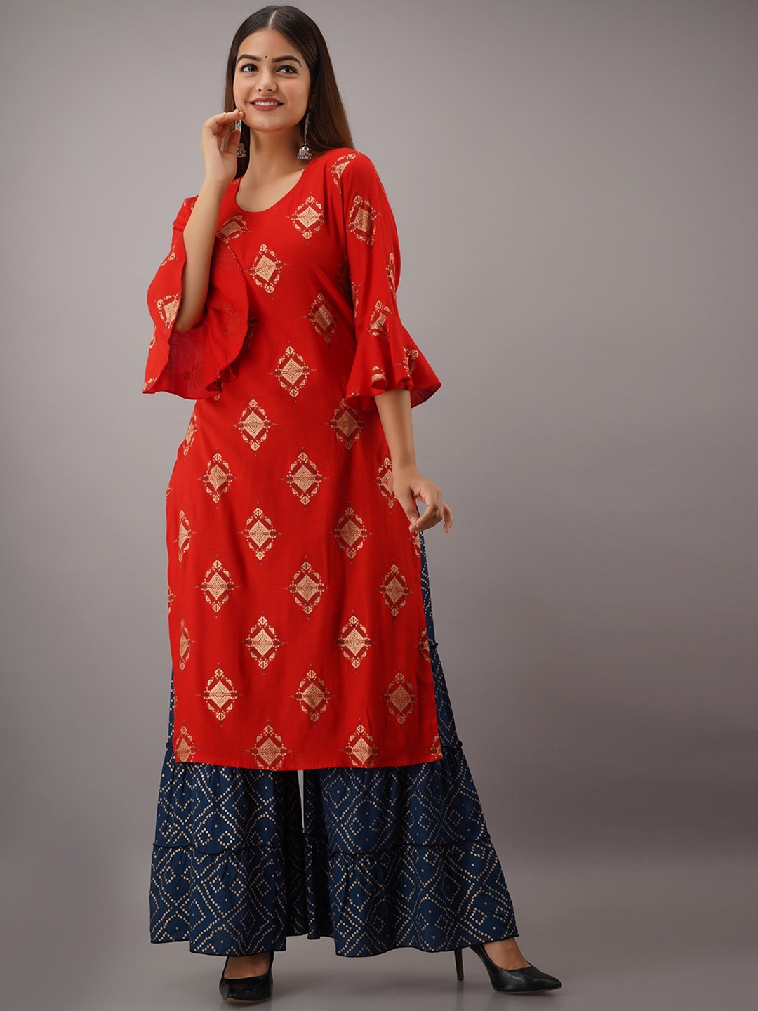 

KALINI Women Ethnic Motifs Printed Kurta With Sharara & Dupatta, Red