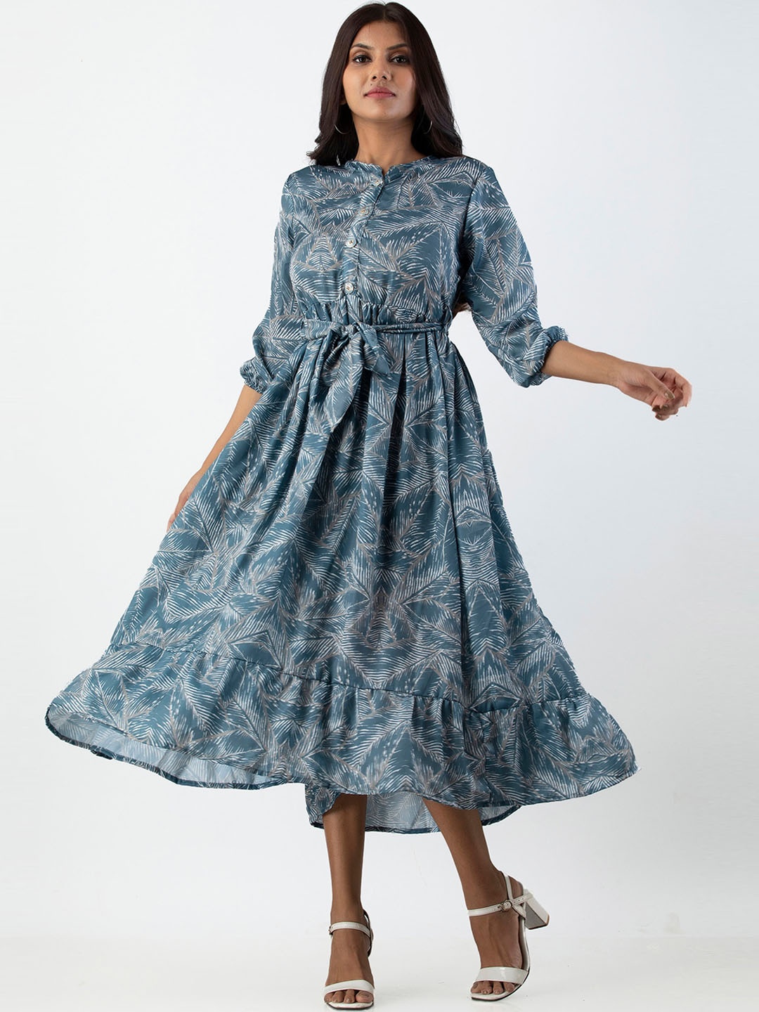 

KALINI Tropical Printed Fit and Flare Midi Ethnic Dress, Blue