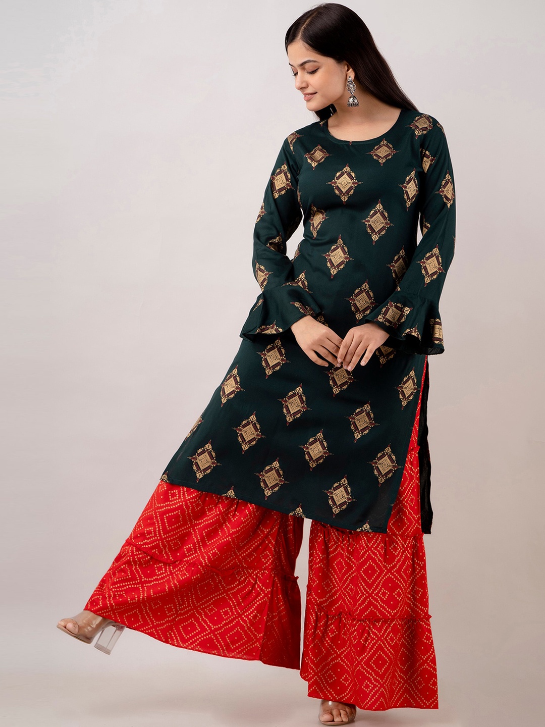 

KALINI Women Ethnic Motifs Printed Kurta with Sharara & With Dupatta, Green
