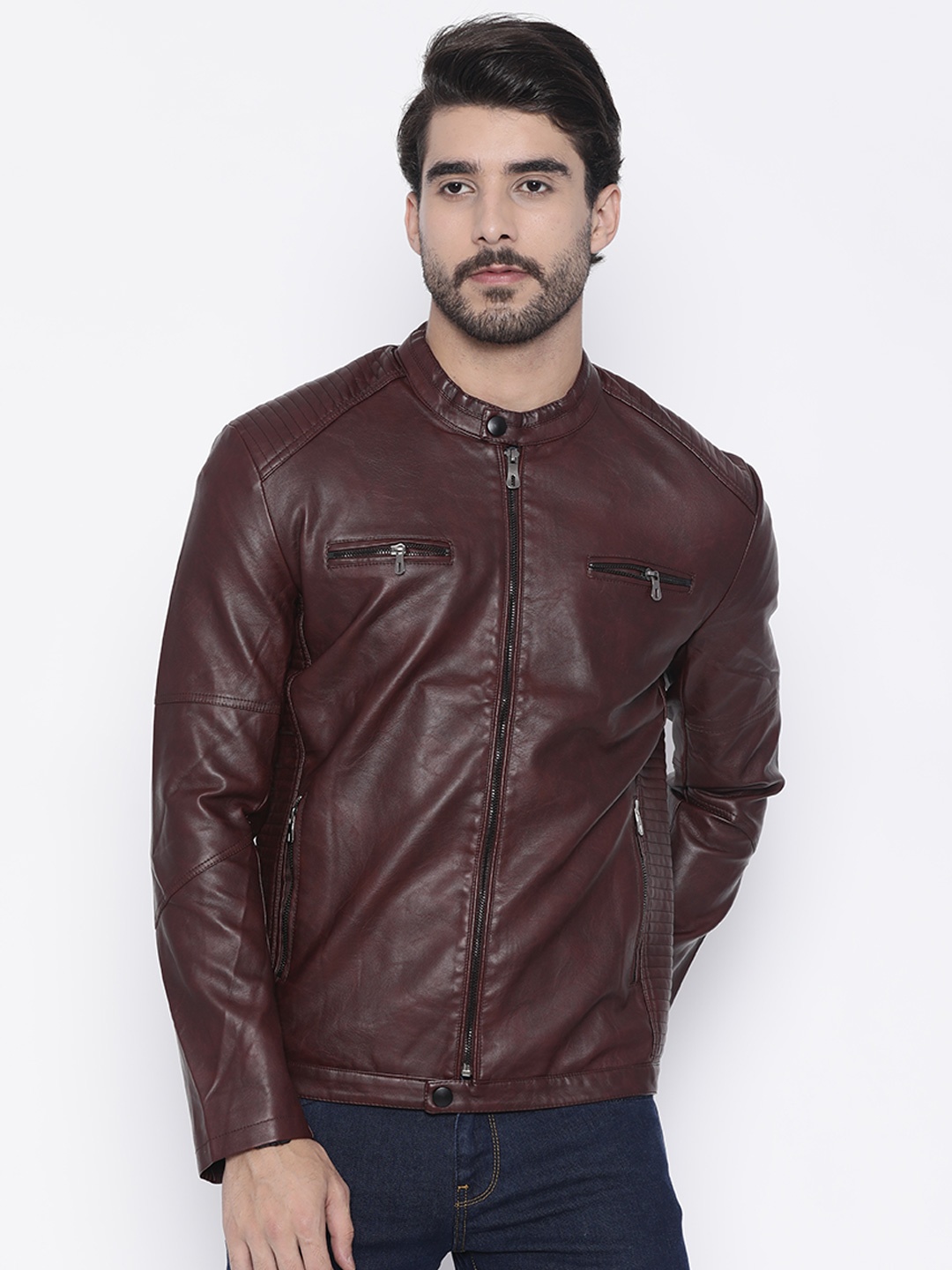 

The Indian Garage Co Men Burgundy Solid Biker Jacket