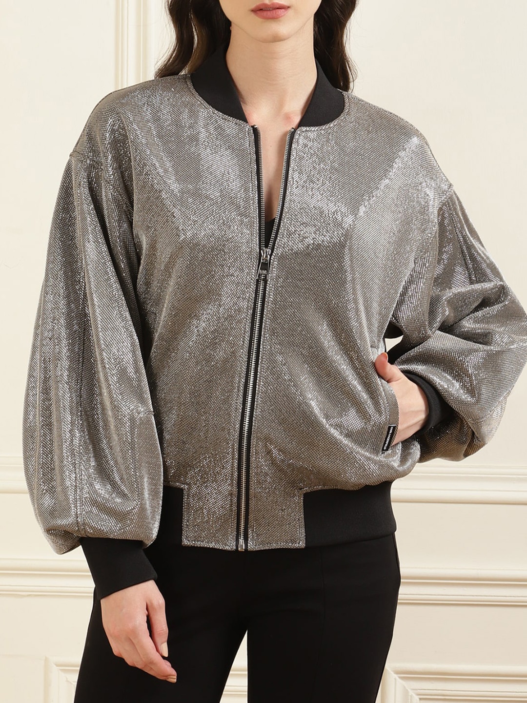 

Karl Lagerfeld Mock Collar Bishop Sleeve Bomber Jacket, Silver